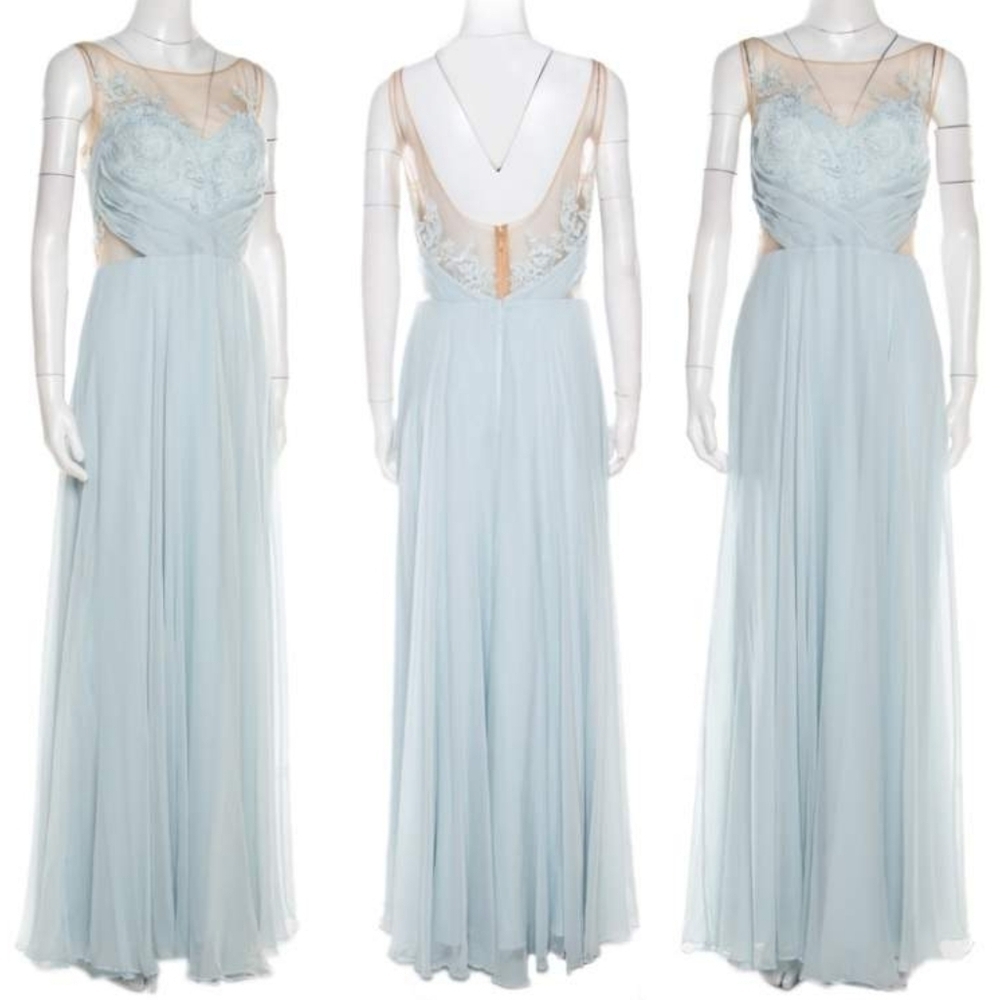 Marchesa Notte Silk Blue Embellished Embroidered Mesh Sheer Panel Detail Gown